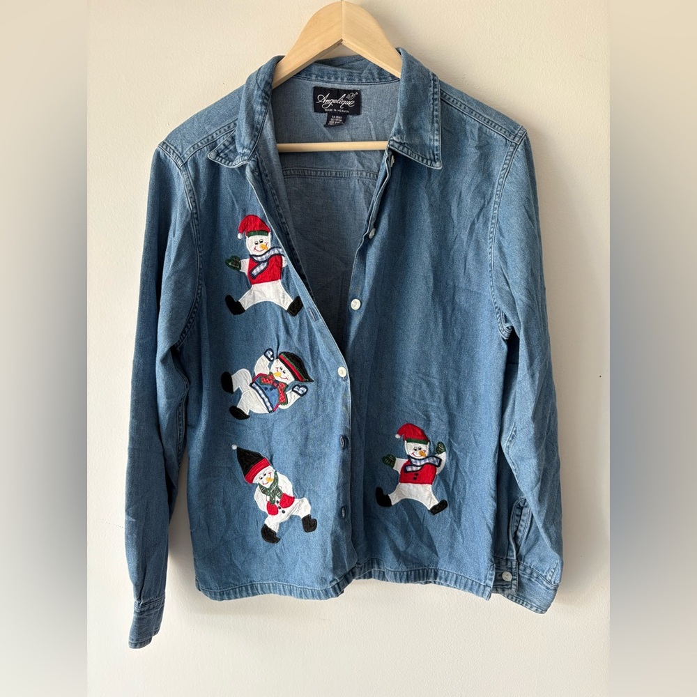 Vintage Angelique 100% Cotton Snowman Christmas Button Up